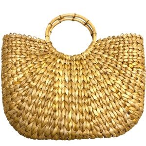 bag summer straw tote "bamboo" wooden handles lined button close vintage 10x15x4